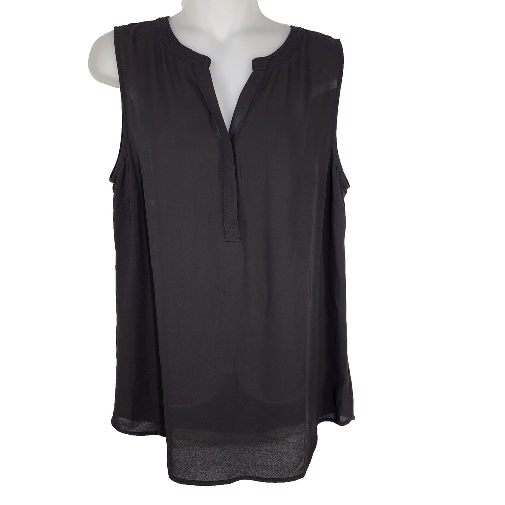 Talbots Womens Blouse Top Medium Black Popover Split V Neck Sleeveless Pleats